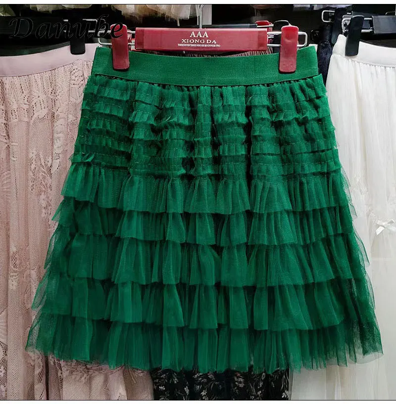 Multilayer Tulle Mini Skirts Women Summer Korean Elegant Solid Elastic Waist Mesh A-Linen Pleated Tutu Skirts Faldas Aesthetic