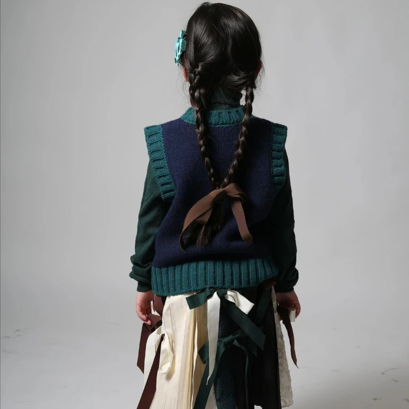 خمر نمط فتاة زهرة القوس متماسكة سترة نصف تنورة مجموعة 2025 الشتاء الخريف اليدوية سترة للفتيات محبوك Cardgan مطوي #5