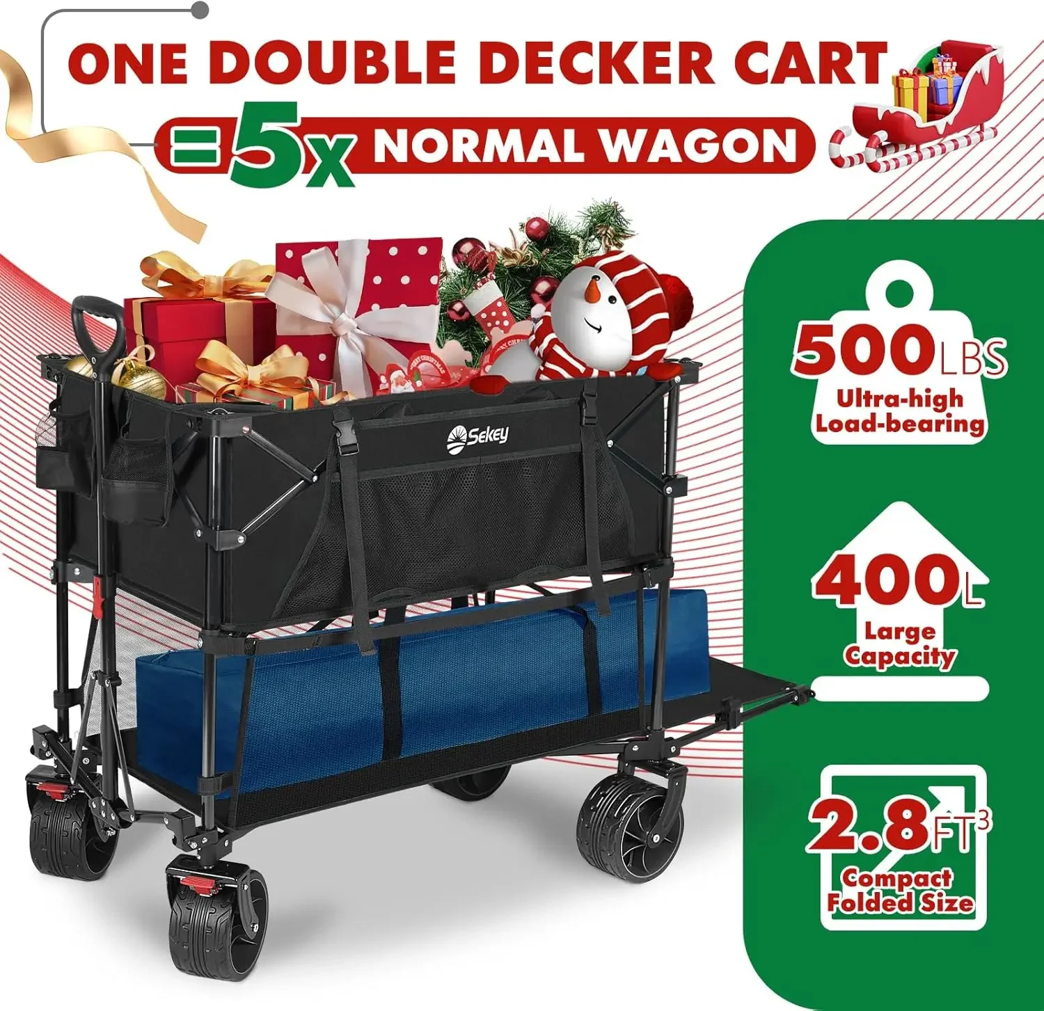 400L Double Decker Beach Wagon 50''L Extra-Long Extended Shelf, Collapsible Wagon Cart with 500lbs Capacity, Heavy Duty Folding