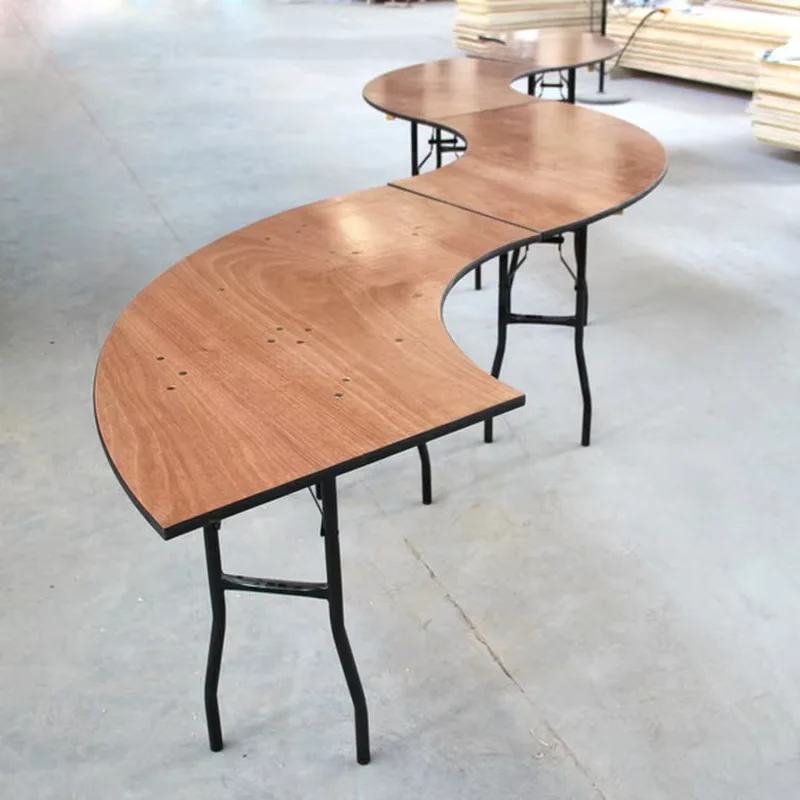 Modern Curved Plywood Half Moon S Shape Serpentine Wooden Folding Table for Farmhouse Hotel Dining or Park Weddings and Events