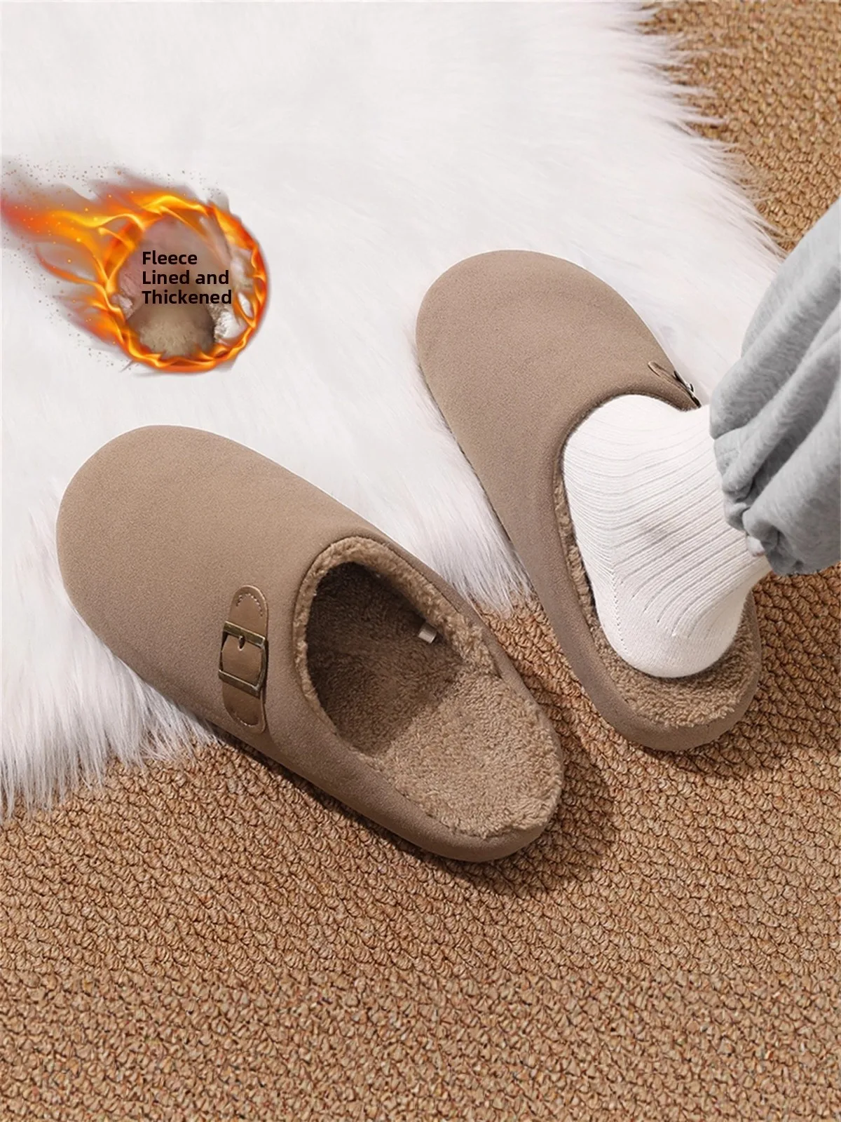 Men's Winter Fleece Lined Slip-On Slippers Indoor Home Wearable Anti-Slip Soft Bottom Birk-style Cotton Shoes Casual Slipper