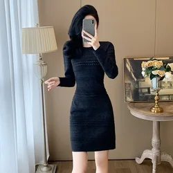 #2413Black Knitwear Mini Dress Women O-neck Elastic Pullover Sweater Dress Long Sleeve Sexy France Style Tight Short Dress Femme