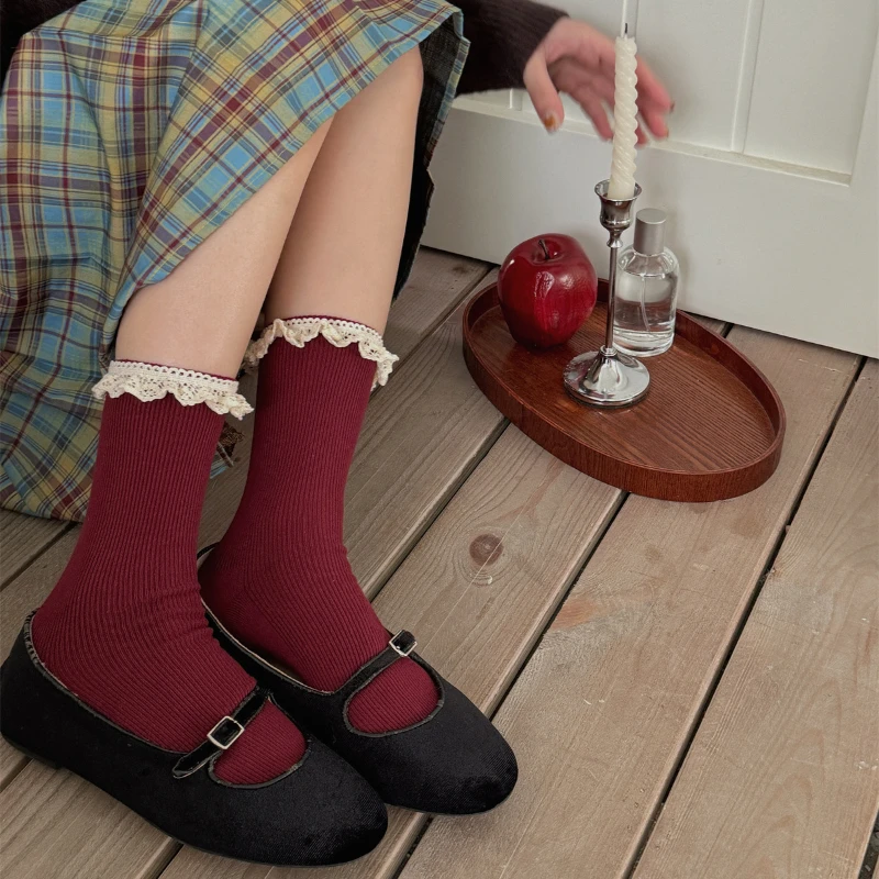 Lolita Lace Ruffle Socks Women Harajuku Vintage Knitted Cotton Elastic Long Socks JK Sweer Girls Retro Red Middle Tube Socks Sox