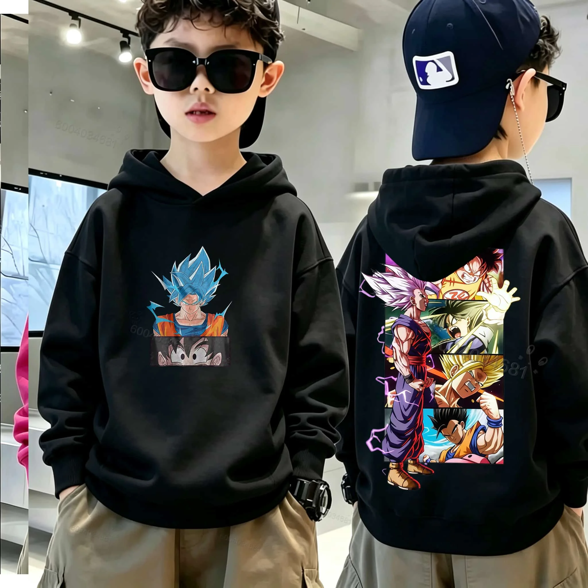 Retro Dragon Ball character anime print boys' and girls' children's warm winter and autumn baby hooded pullover hoodie