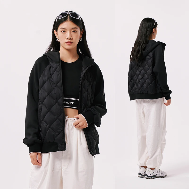 Chericom Jaqueta feminina leve com capuz, design de retalhos de inverno com bolsos internos e zíper frontal estilo versátil Y299012Y