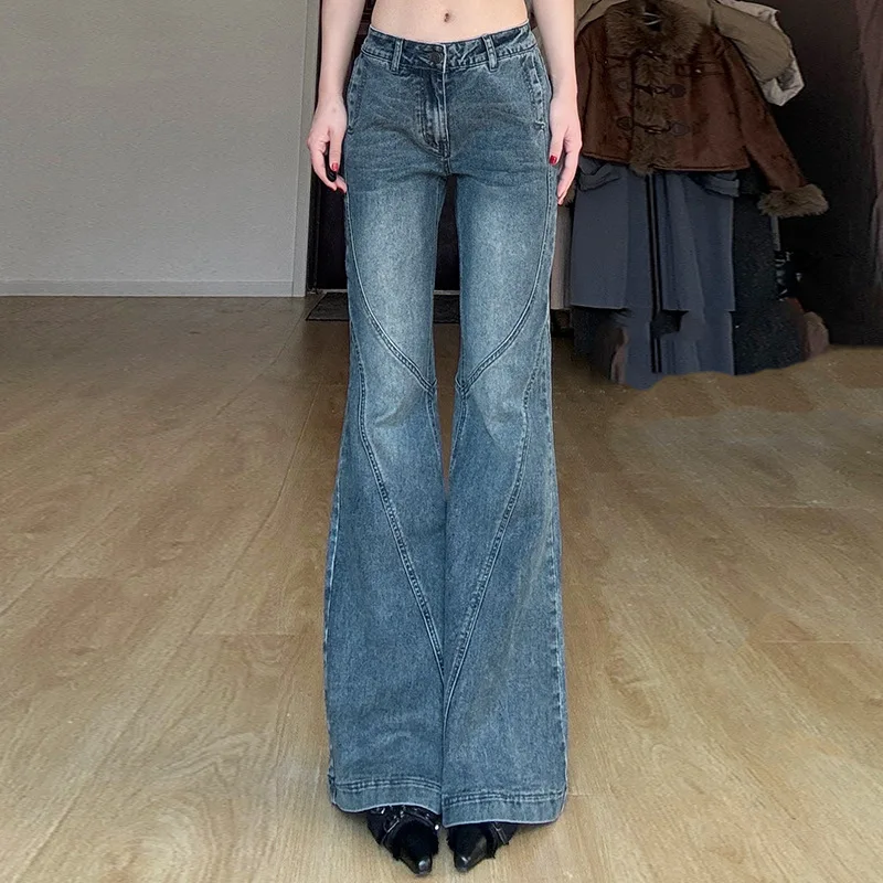 

2025 Autumn Women Vintage Washed Flare Jeans Streetwear Y2K Low Waist Retro Denim Pants Casual All-Match Slim Wide Leg Trousers