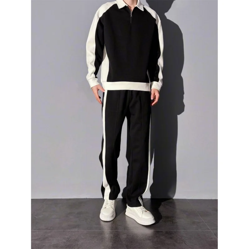 2pcs Spring and Autumn Korean color blocked sweatshirt elastic casual sports pants set comfortable loose pullover men's pants