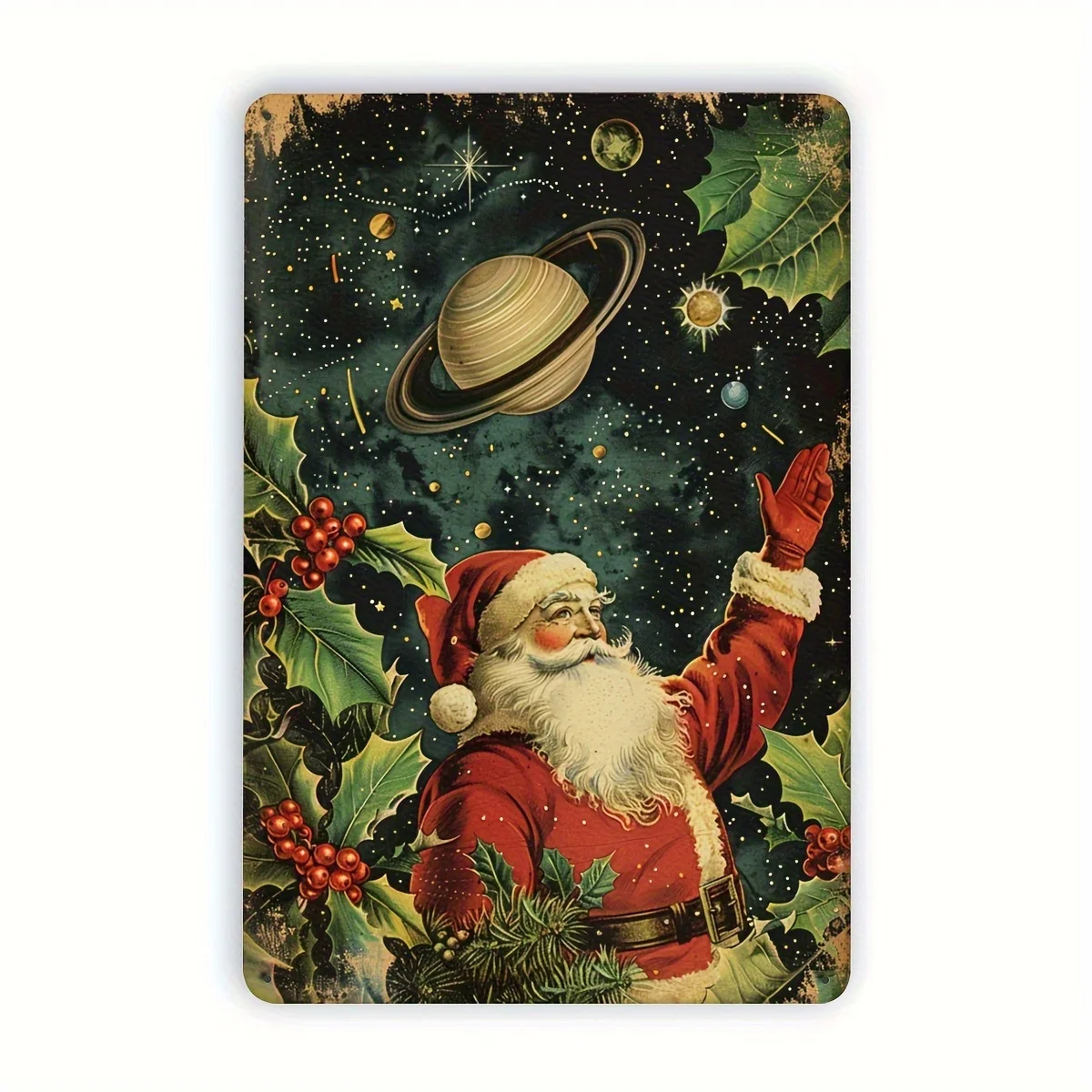 Vintage Santa Claus Space-Themed Metal Tin Sign - Rustic Tin Wall Art , Celestial Christmas Decor with Planets & Stars, No Elect