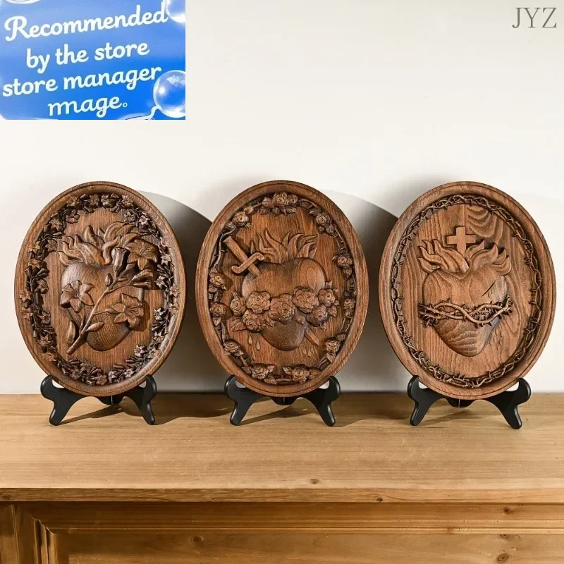 

Vintage Holy Family Three Hearts Wall Decor, Wood Carving Sacred Heart of Jesus Mary, Heart of Joseph Wood Decor