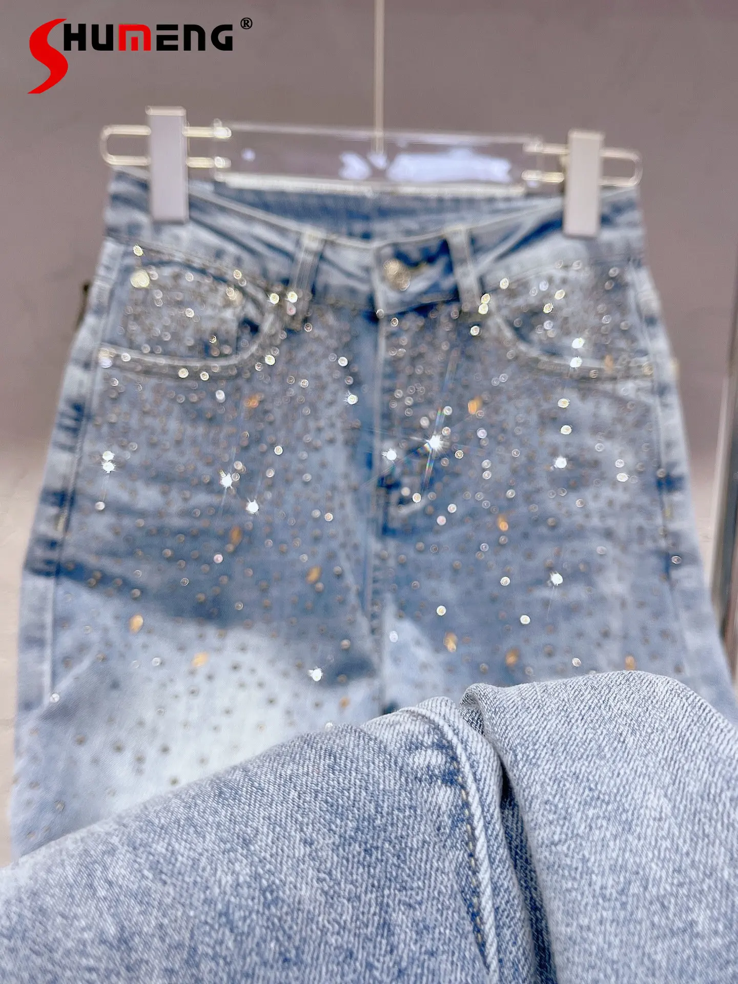 High-end  Elastic Starry Sky Light Diamond High Waisted Jeans Women Comfortable Soft Straight Denim Pants 2023 Spring Trousers