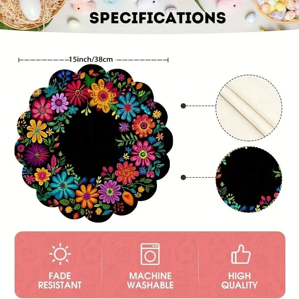 Printed 4pcs Mexican Style Polyester Placemats 15Inch Round Table Mats, Suitable For Dining, Hand Wash Only, Floral And Day Of
