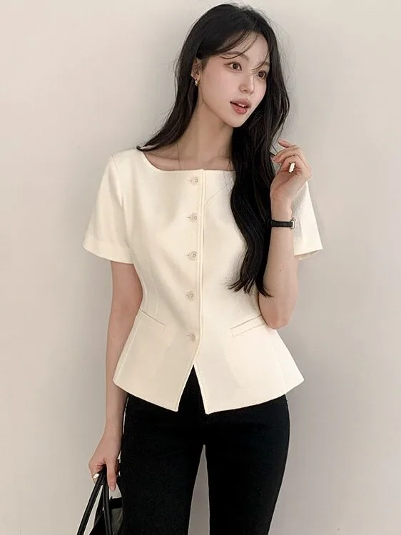 Retro Korean Style Elegant Short Sleeve Waist-Cinching Slimming Commute Jacket Versatile Outerwear for Women