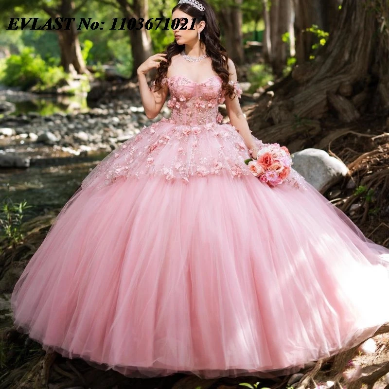 EVLAST Mexican Pink Quinceanera Dress Ball Gown 3D Floral Applique Beading Diamonds Corset Sweet 16 Vestidos De XV 15 Anos SQ146