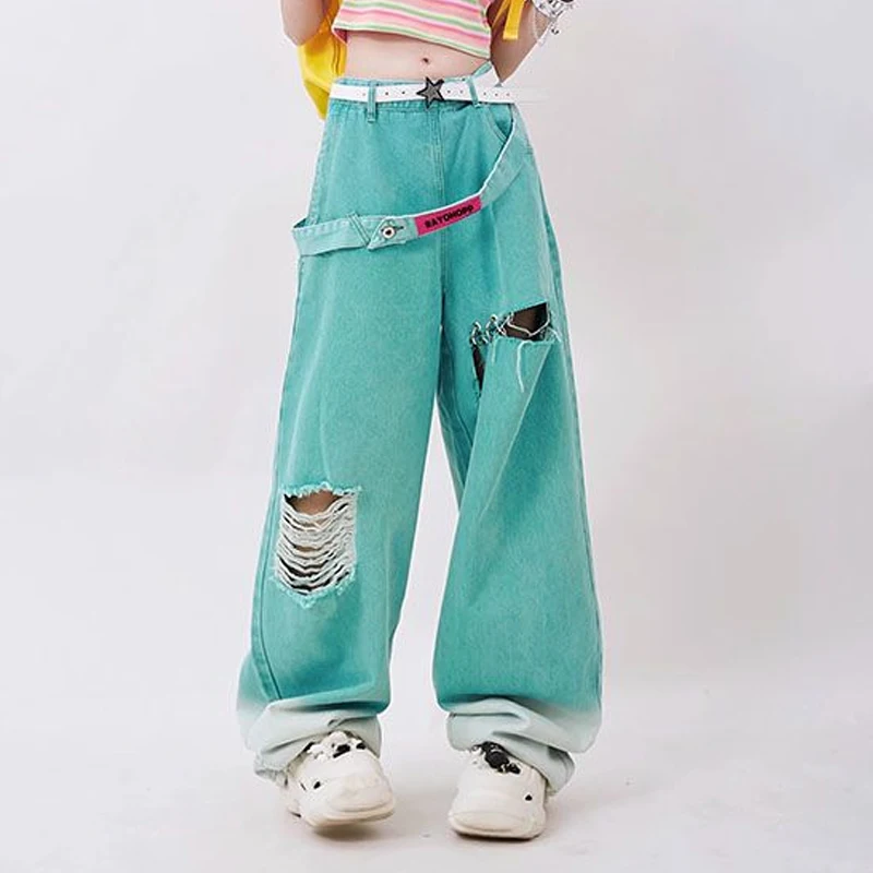 Spring Summer Elastic Waist Fashion Gradient Wide Leg Trousers High Street Pockets Patchwork Hole Loose Street Dance Pants JJ47