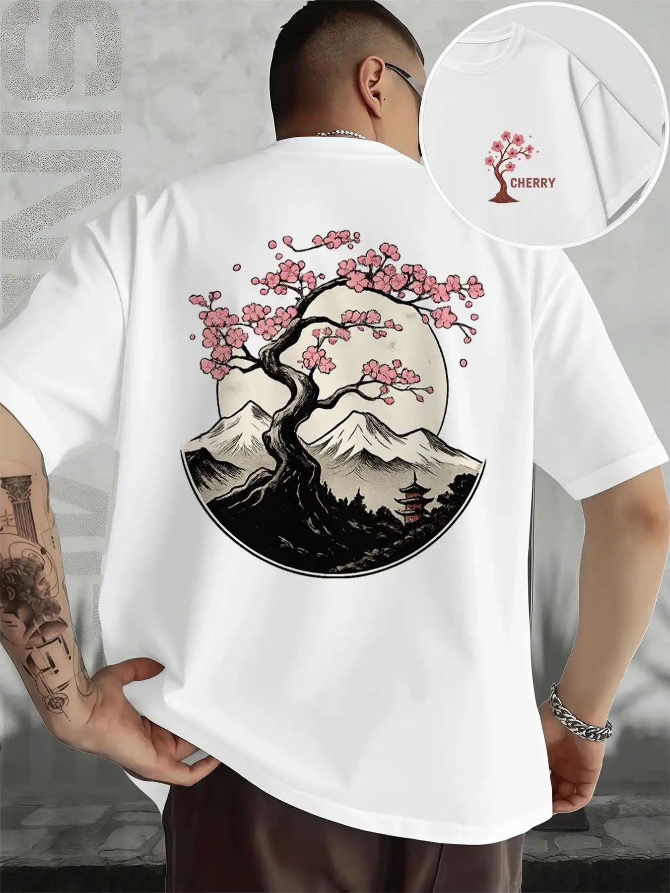 

Cherry Blossom Graphic Tee Men's Double-Sided printed Fashionable Casual Crew Neck 220gsm Pure Cotton T-Shirt