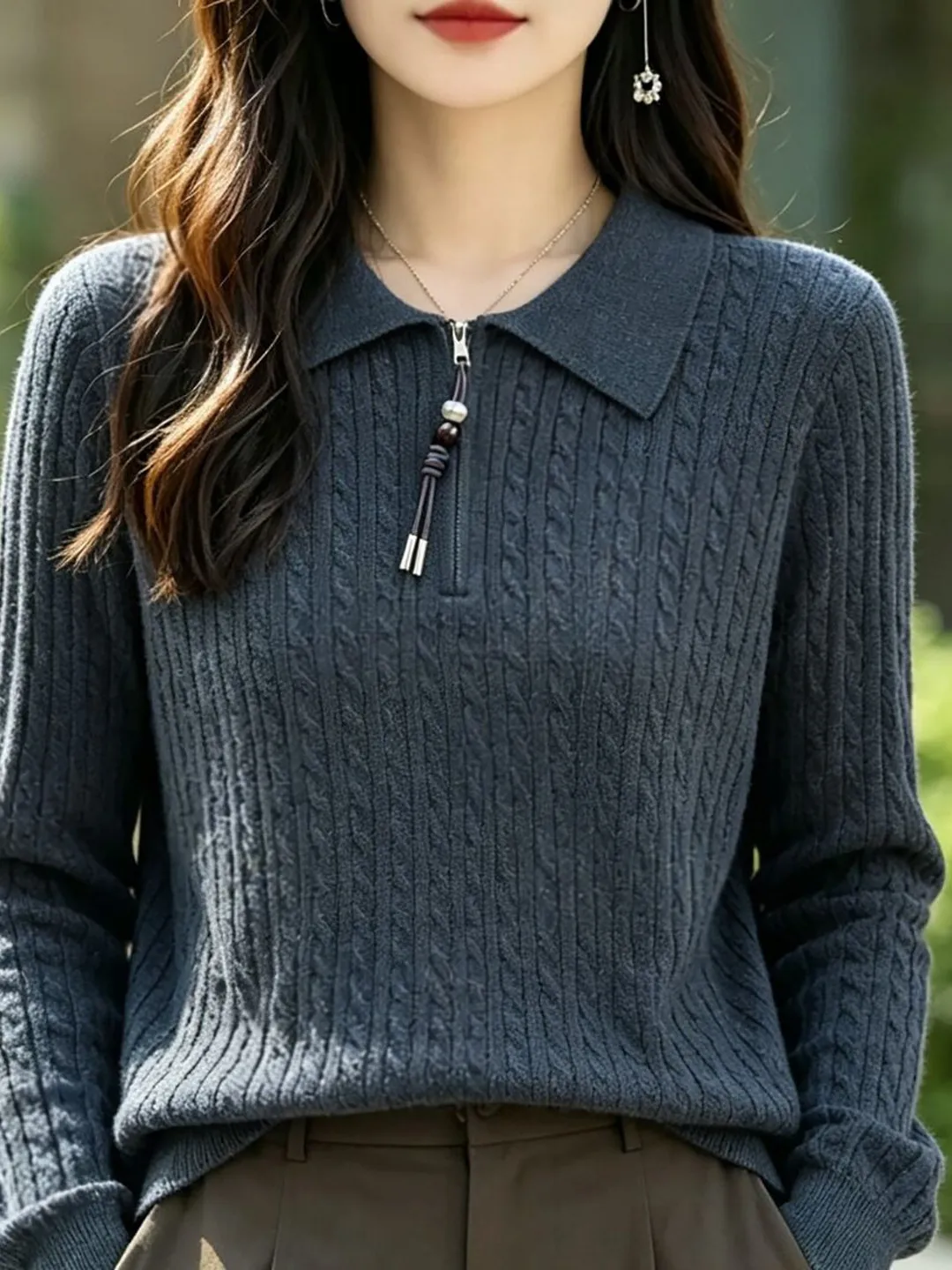Casual Style Women's Knitted Sweater Zipper Neck Twist Knitwear Warm Base Layer Top Versatile Fashionable Soft Fabric Lo...