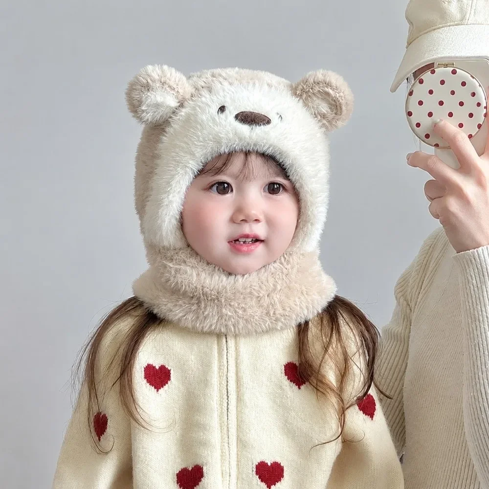 Polyester Kids Bear Hat Scarf Set Ear Protection Windproof Integrated Scarf Mask Face Covering 46-52CM Winter Hat Set