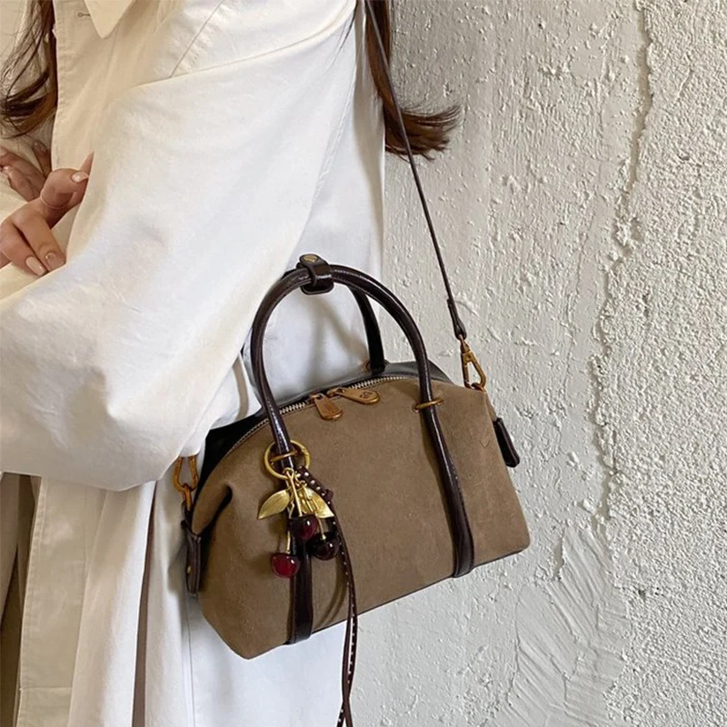 Women Vintage Boston Handbag Suede Splicing PU Leather Top‑handle Bag Retro Cherry Pendant Crossbody Shoulder Bag Small Purse