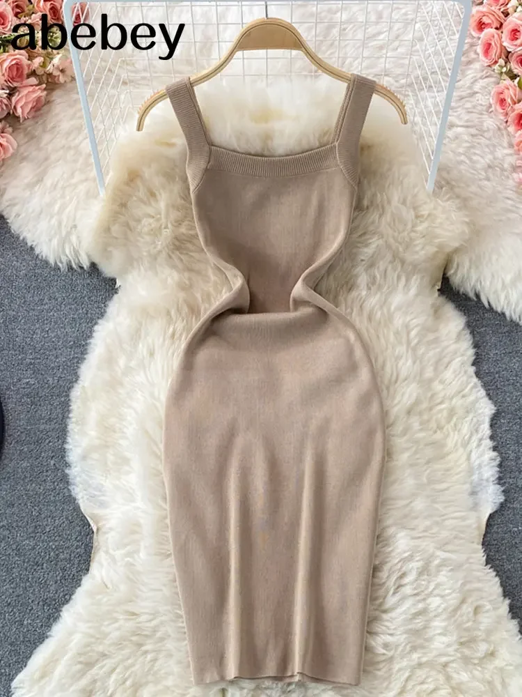 Robe longue mi-longue en tricot pour femmes, Sexy, bretelles, débardeur, taille élastique, moulante, plage, couleur unie, dos nu, été, 2026