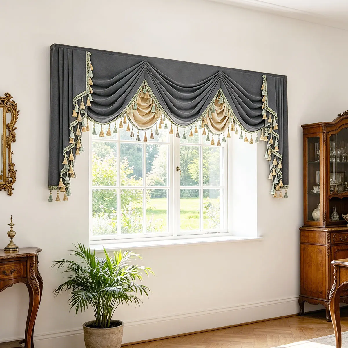 Dark Gray Velvet Swag Valance with Two-Tone Tassel Fringe, Vintage European Pleated Window Top Curtain, Luxury Decorative Drape Valance for Villa Living Room Bedroom