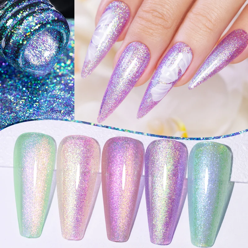 7.5ML Dazzling Pearl Shell Mermaid Glitter Gel Nail Polish Aurora Chameleon Glitter Nail Art Gel Soak Off UV Nail Gel Varnish
