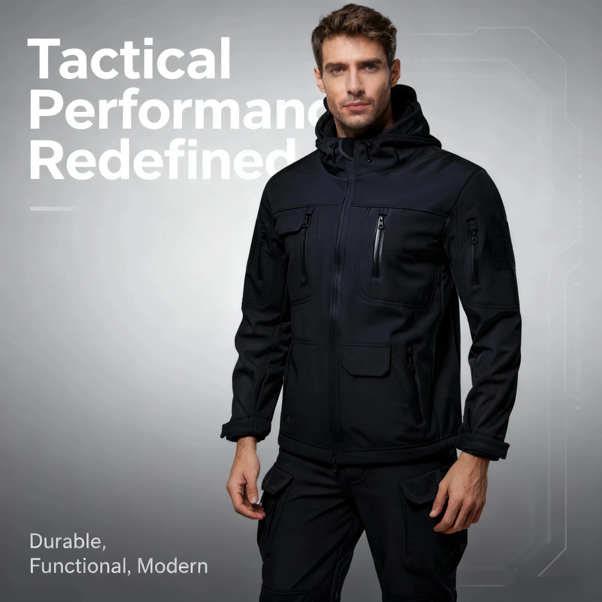 

Men's shark skin soft shell jacket, winter tactical waterproof boiler jacket, pleated lining set, men's winter set, men's set