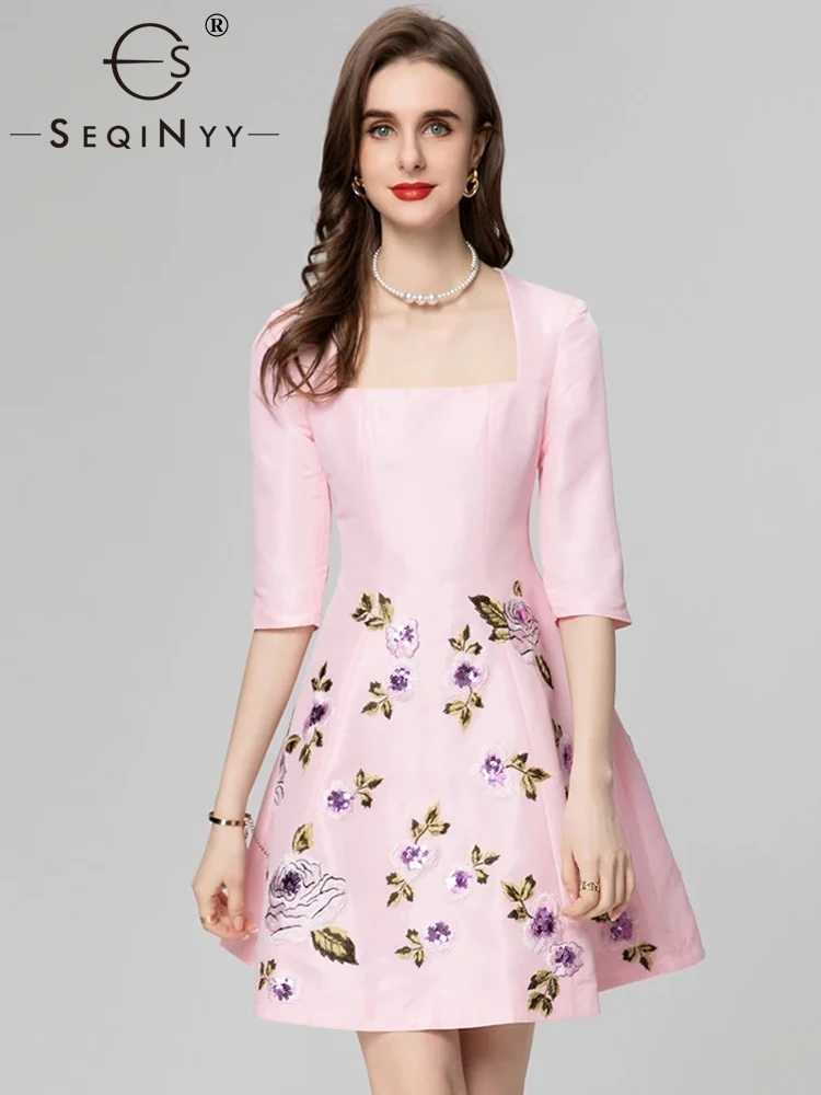 

SEQINYY Elegant Mini Dress Summer Spring New Fashion Design Half Sleeve Vintage Embroidery Flower A-Line Casual High Street