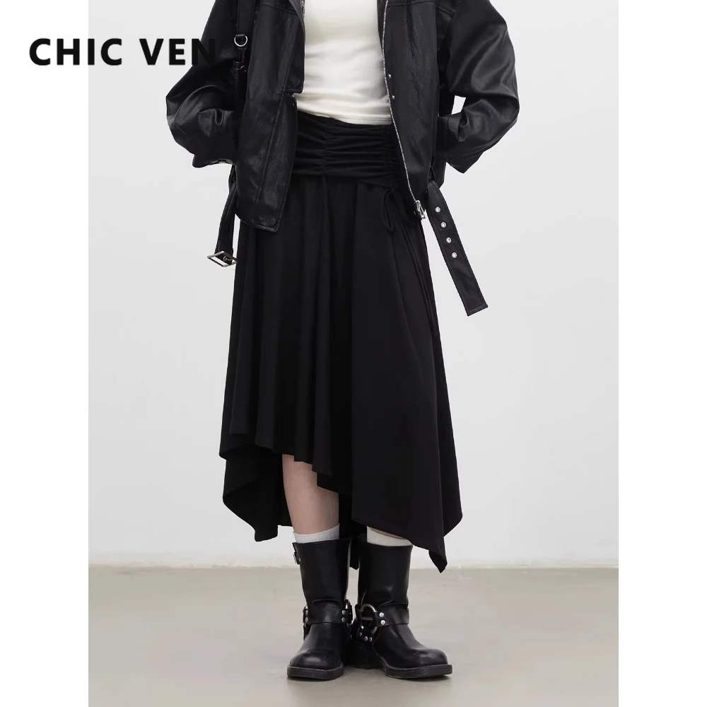 

Женская юбка CHIC VEN, черная, однотонная, А-силуэт, свободная, повседневная, новая, плиссированная, с завязками, с волнистым подолом, женская полуюбка, весна-осень 2026