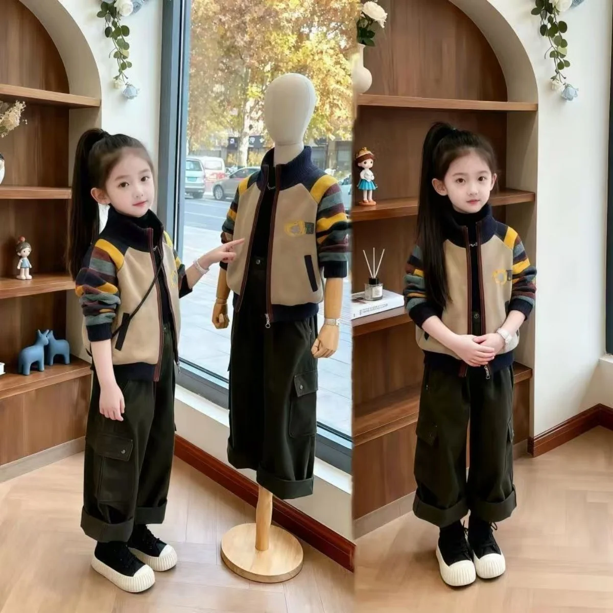 Girls' Sweater Jacket 2026 New Children's Knitted Cardigan Medium And Large Children's Girls' Clothing Work Pants Two-piece Set