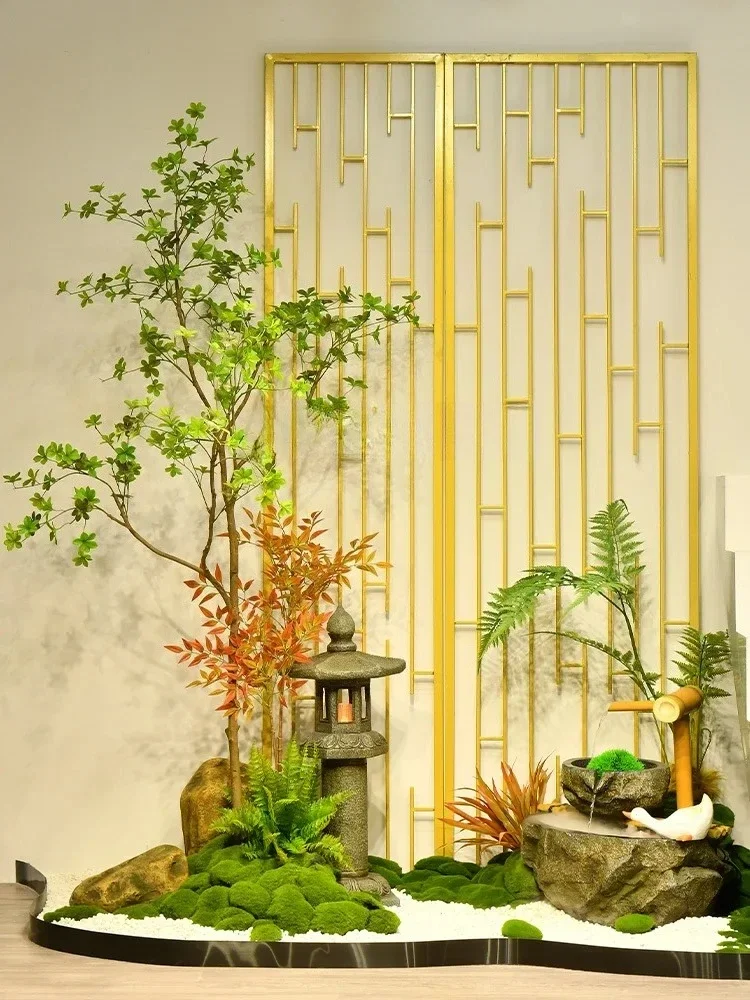 Simulation of green maple tree landscape under the stairs Chinese-style flowing water ornament floor decoration Interior Zen