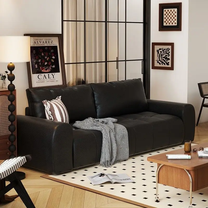 

Italian minimalist light luxury leather sofa black living room home retro small