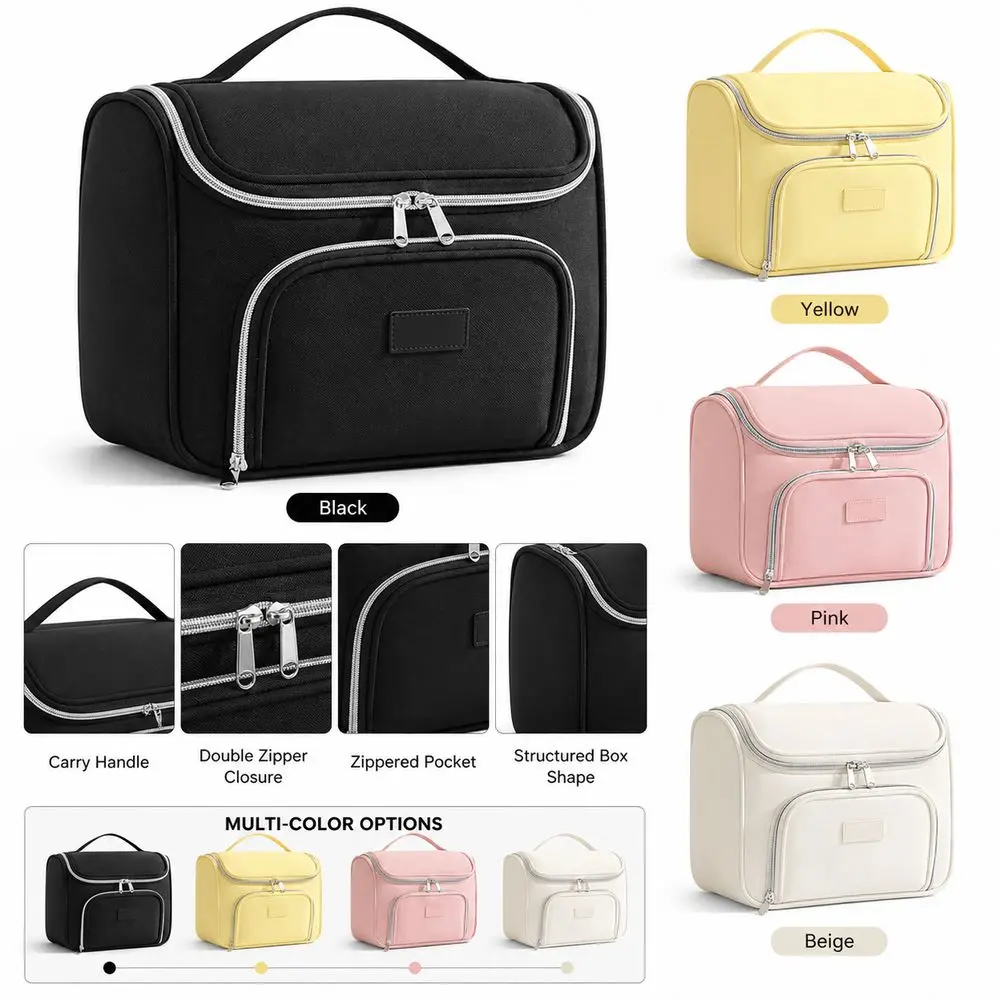 Multi Compartment Cosmetic Bag Double Zipper Carry Handle Makeup Organizer Bag Front Pocket Portable Travel Makeup Case