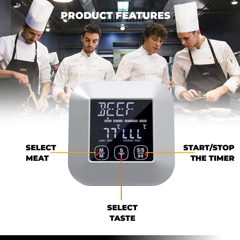 Digital Touch Screen Kitchen Thermometer For Meat Poultry Fish Long Wired Probe Cooking In Frying Pan Oven Smoker BBQ