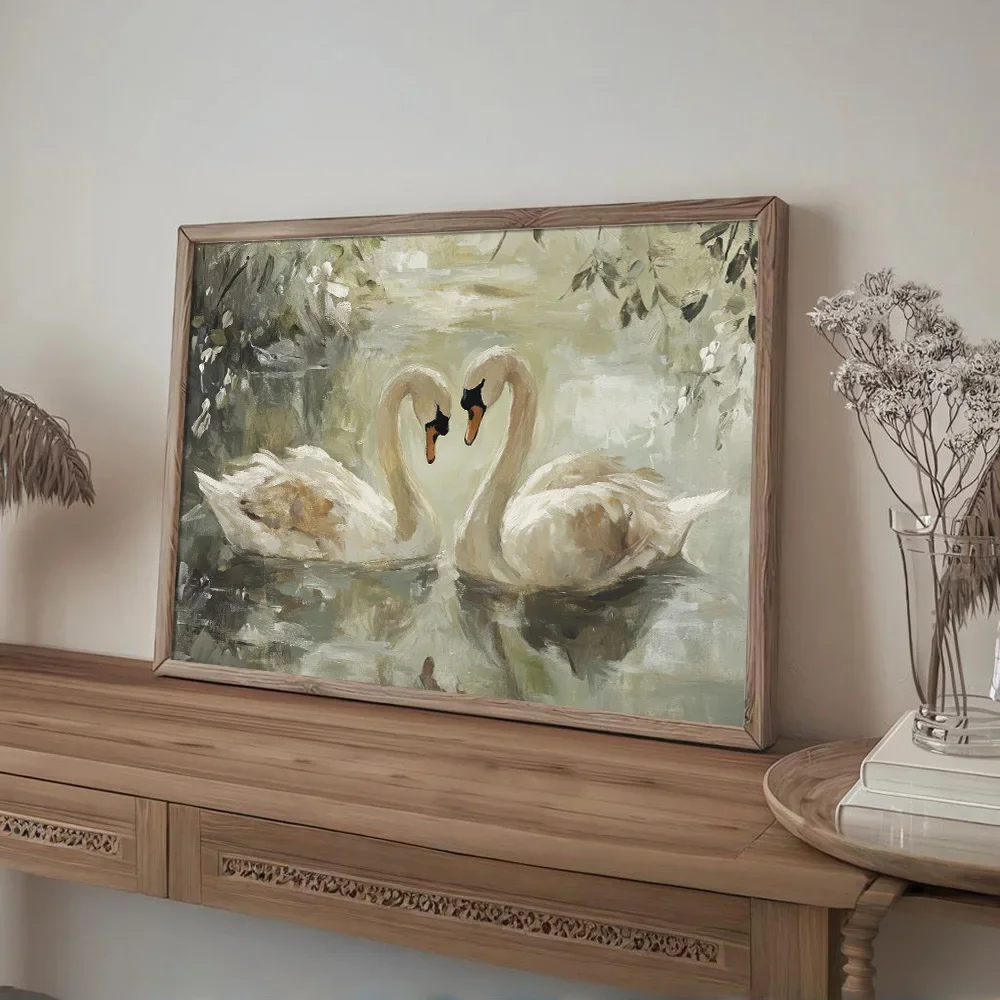 1pc frameless Canvas painting 1pc Unframed Antique Swan in Lake Vintage Rustic Poster Romantic Love Wall Art Canvas Print Minima