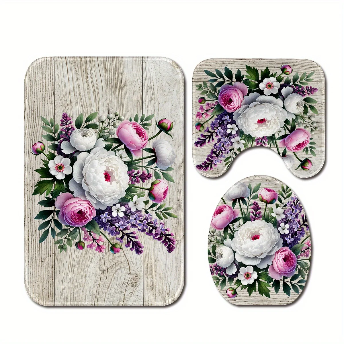 

3 шт., весенняя полиэфирная ткань с цветочным принтом, можно стирать в машине, нескользящие коврики, чехол на сиденье унитаза, U-образный коврик