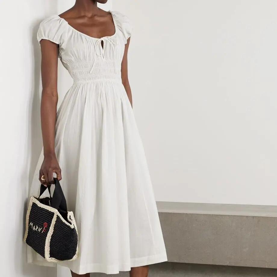 Doen French Summer Commuter White Square Neck Bubble Sleeve Dress Women's High Waist A-line Dress