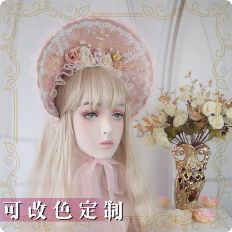 Gorgeous Gothic Vintage Soft Girl Lolita Victorian Court Sun Hat Bnt Cosplay Flower Multilayer Lace Bead Chain Bonnet Handmade