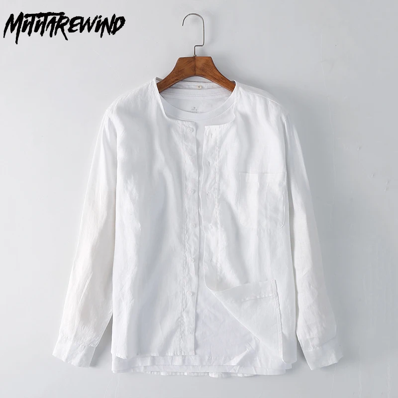 

100% Linen White Shirt Men Brand Clothes Spring Summer Causal Shirts O-Neck Long Sleeve Shirt with Pocket Simple Luxury Shirt