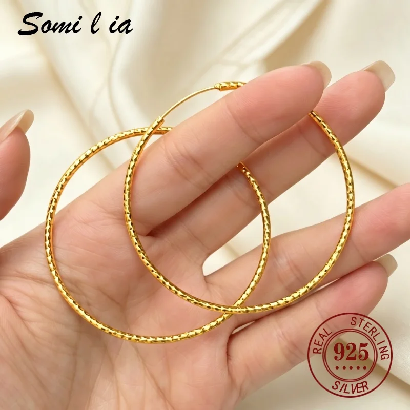 SOMILIA 925 Sterling Silver women's Big Round Circle Hoop Four point gold pattern 18K Gold Plated Earrings For Women Wedding