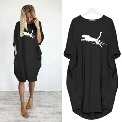 Women's Summer Loose Cheetah Print Round Neck Long Sleeve Pocket Comfortable Casual Plus Size Dress Fashion Streetwear Oversized