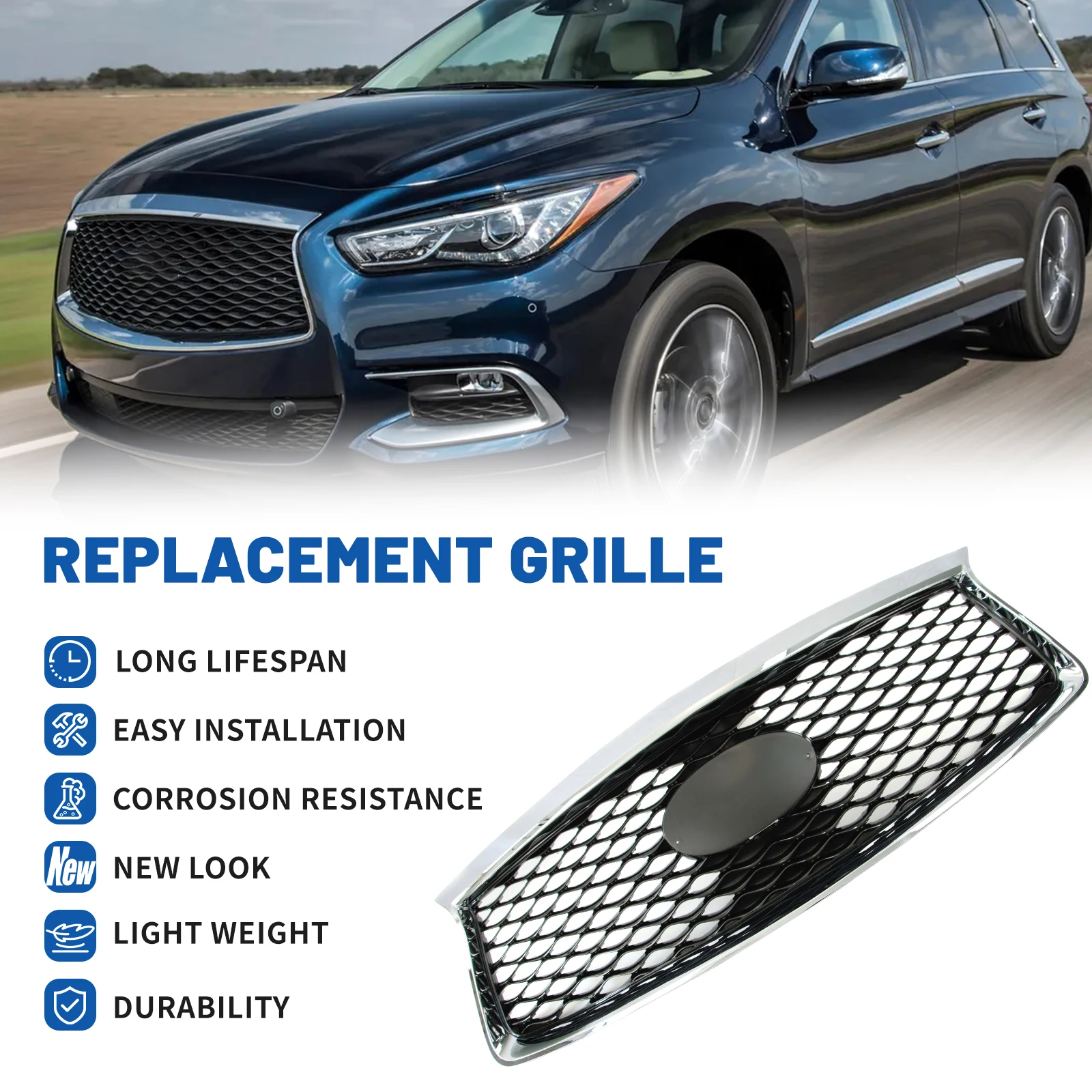 Front Grill for 2016-2020 INFINITI QX60 W/o Camera Option Gloss Black