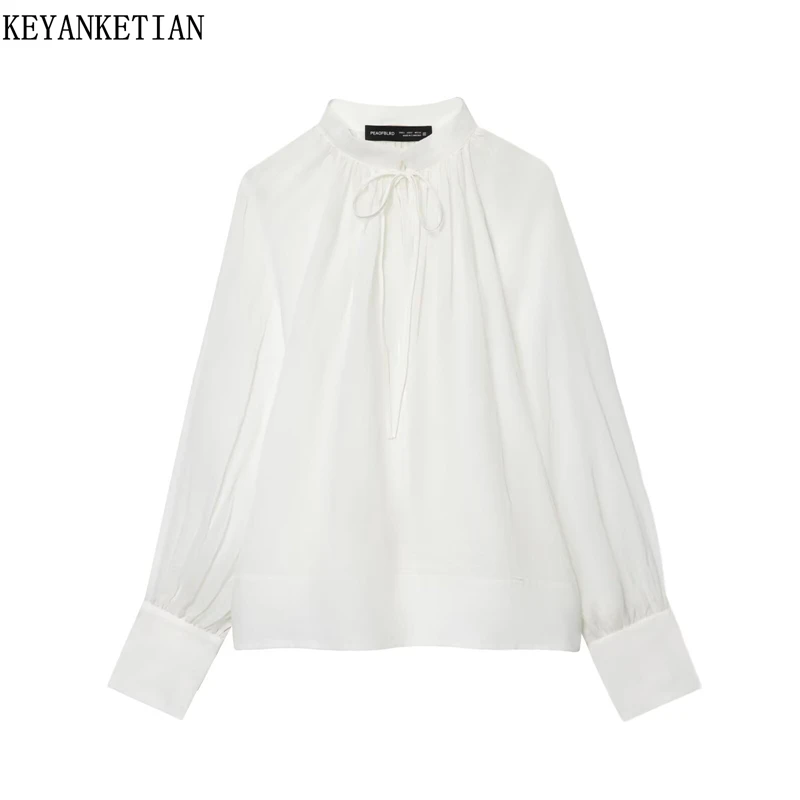 

KEYANKETIAN 2026 Spring New Women's Lace Up Bow Stand collar Shirt Sweet style Lantern Sleeve White Pullover Loose Blouses Top