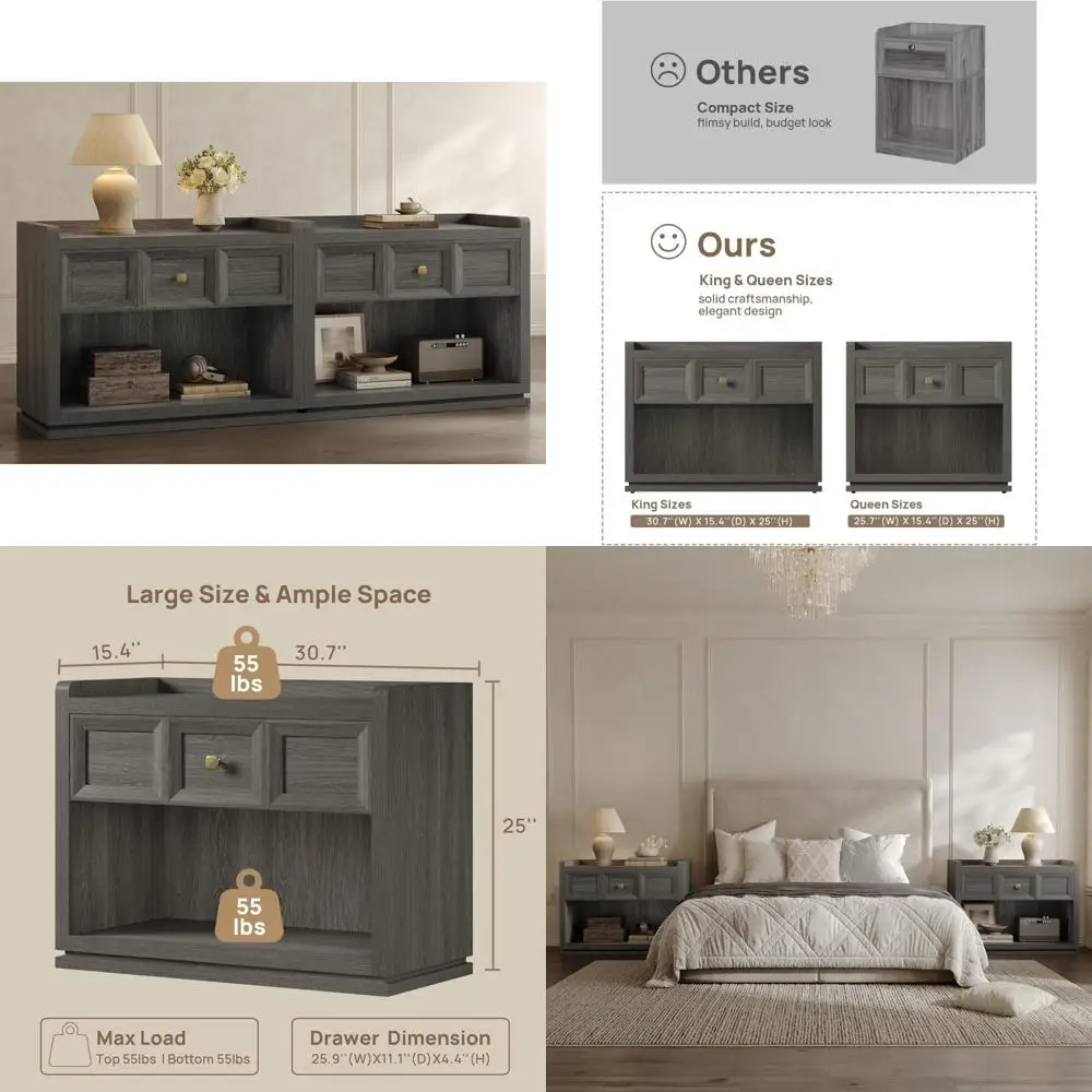 Pair of Large Oversized Nightstands for King Size Beds, Wide Nightstand Set with Drawers for Bedroom