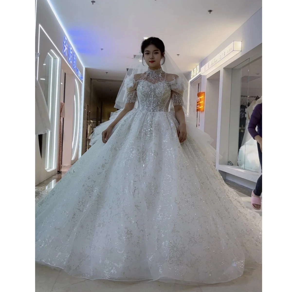 

Kisswhite Xlove Collection customized short sleeves big skirt puffy fashion glitter lace Bridal Wedding Dresses for bride