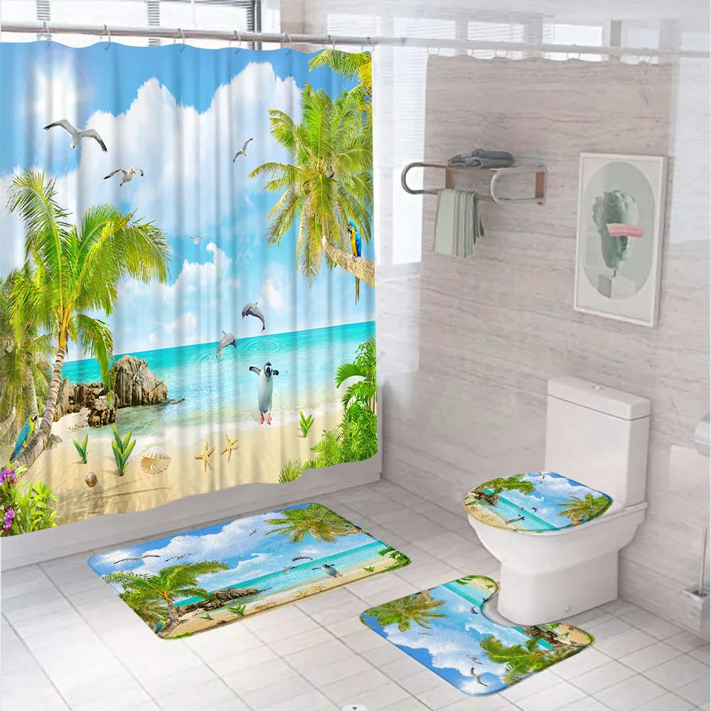 4Pcs Ocean Scenery Shower Curtain Set Sea Beach Palm Tree Wooden Window Starfish Boat Bathroom Curtain Bath Mat Rug Toilet Cover