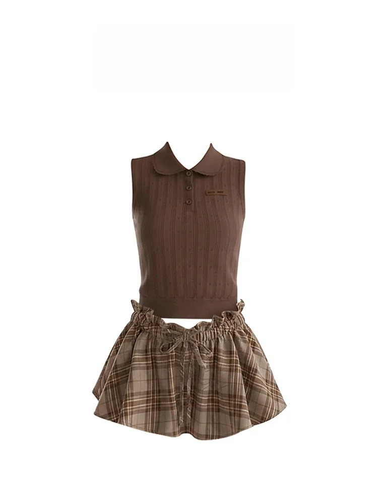 Summer New Style Women's Knitted Vest And Plaid Short Skirt Set Slimming Two-Piece Suit High Waist Pant High Quality Fashionable