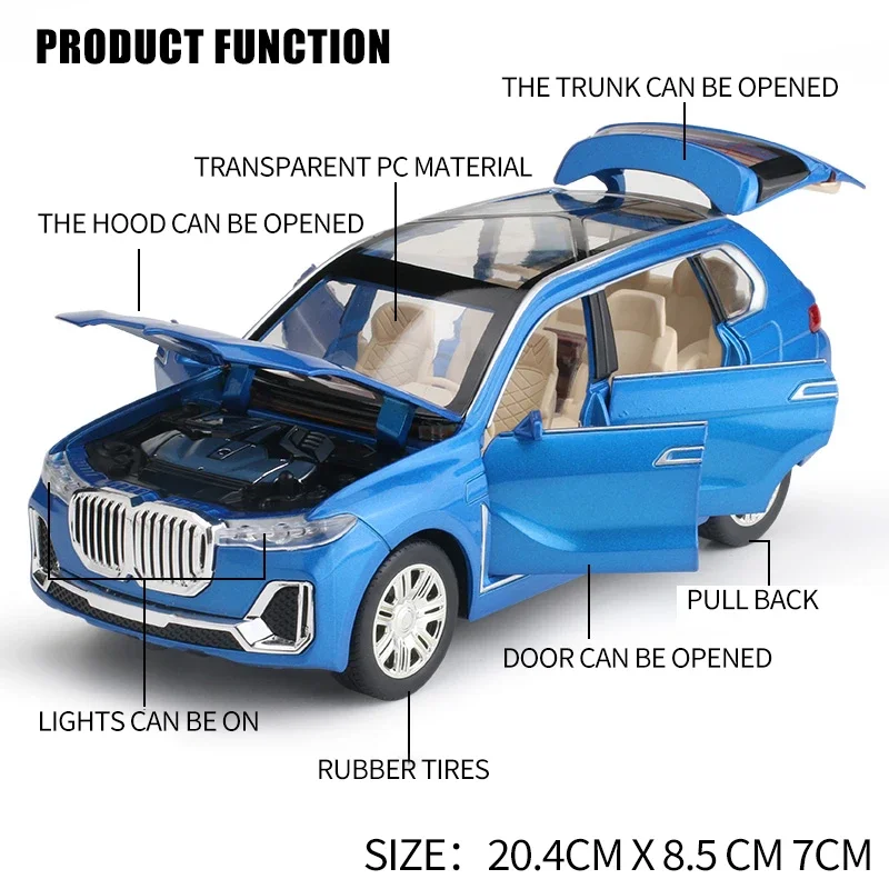 1:24 BMW X7 SUV Car Model Diecast Vehicles Alloy Toy Simulation With Six Doors Opened Sound ＆ Light Car Toys Gifts For Children