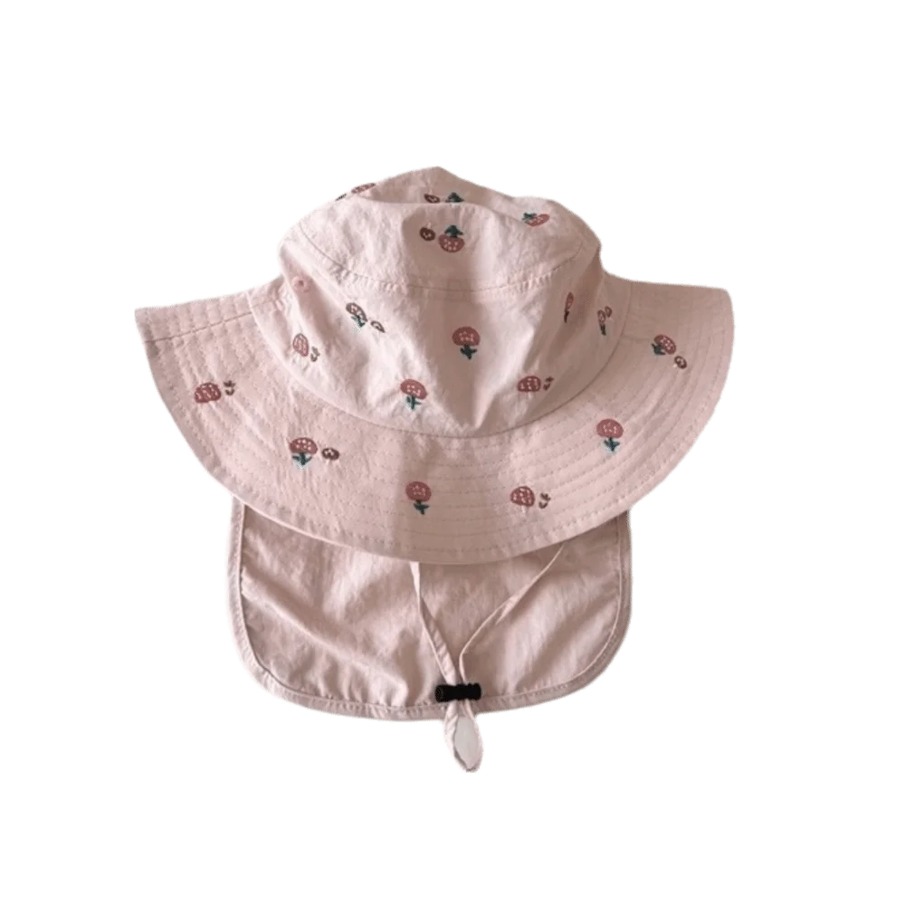 

Polyester Children Sun Hat Cartoon Print Broad Brim Quick Drying Bucket Hat Neck Protection Embroidery Design Panama Cap Summer