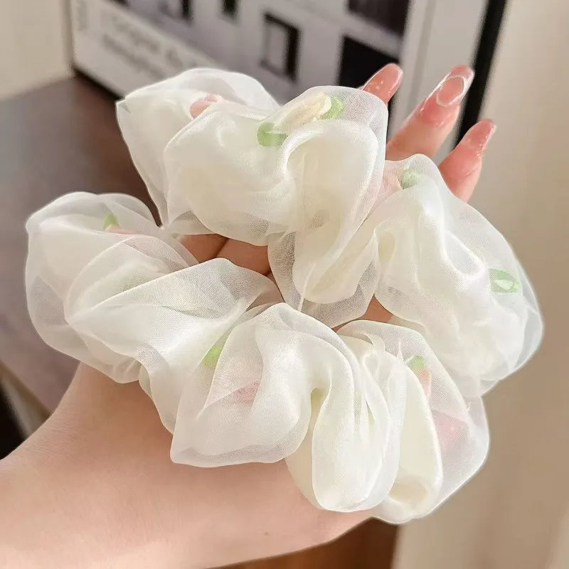 Французские романтические двухслойные ленты для волос с цветком розы для девочек, сетчатые резинки для волос с толстой кишкой, веревка, женские украшения для волос