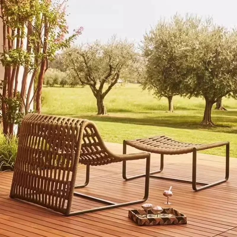 Chinese woven rope sofa coffee table courtyard balcony rattan chair single hotel garden terrace leisure lazy chair